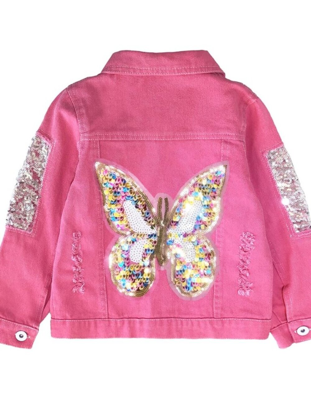 3-7Years Little Big Girl Pink Denim Jacket Butterfly Sequins Outwear